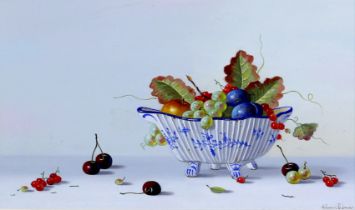 Johannes Edmonds (British, 20th century): still life with fruit in a blue and white footed bowl,