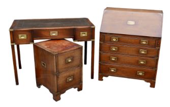 A Reprodux campaign style mahogany bureau, black leather topped desk, and a a narrow red leather