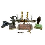 A group of metal items, including a Chinese cloisonne enamel box, a Benin style bronze head, a