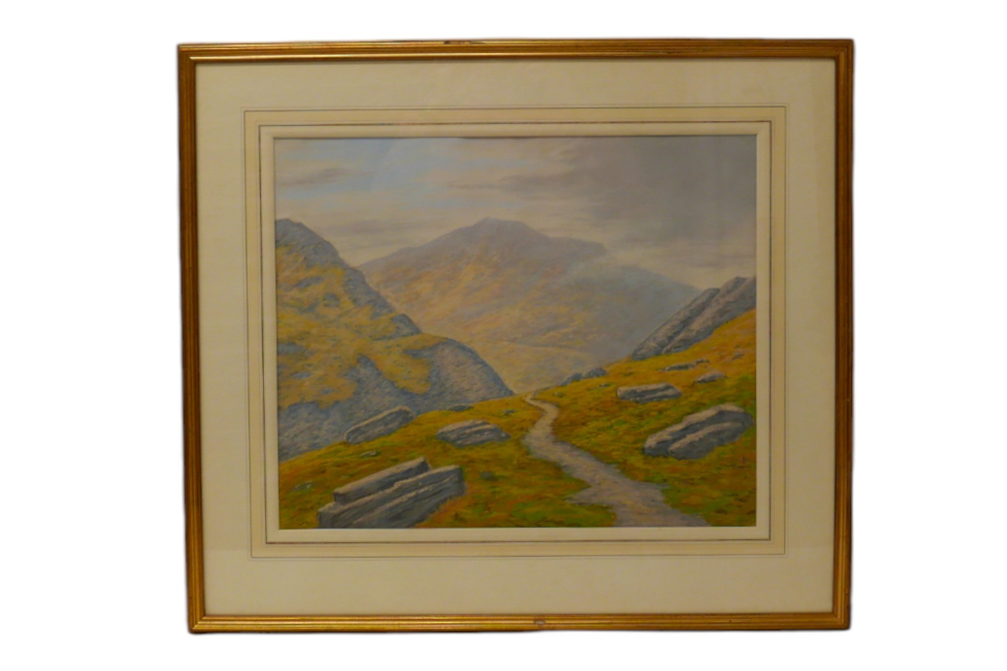 Unsigned pastel picture depicting a path in a mountainous landscape, 44 by 53.3cm, glazed and - Image 2 of 3