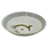 A Bernard Leach studio pottery bowl, decorated in grey, dark moss green, and white glaze,