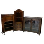 A group of furniture, comprising an Old Charm dark stained corner cabinet, with two open shelves and