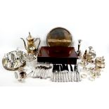 A group of silver plated items, including King's pattern cutlery, various other flatware, trays,