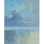 Caroline Darey (British, 20th century): figures on a beach, oil on canvas, 25 by 19, framed, 40 by