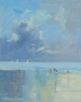 Caroline Darey (British, 20th century): figures on a beach, oil on canvas, 25 by 19, framed, 40 by