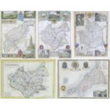 A group of five 19th century framed maps, comprising a map of Leicestershire by S. Hall, 19.5 by