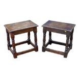 A pair of oak coffin stools, 20th century, with rectangular tops and turned supports joined by