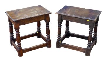 A pair of oak coffin stools, 20th century, with rectangular tops and turned supports joined by