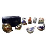 Eight Royal Crown Derby paperweights, including little owl and Blue tit, both with original boxes,