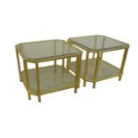 A pair of brass octagonal coffee tables, with bevelled glass tops and a glass shelf beneath. (2)