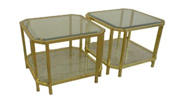 A pair of brass octagonal coffee tables, with bevelled glass tops and a glass shelf beneath. (2)