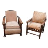 Two Edwardian oak wood reclining chairs. Unmatching chairs, one with cane sides 95.5 by 73 by 56.5cm