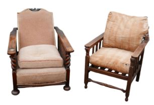 Two Edwardian oak wood reclining chairs. Unmatching chairs, one with cane sides 95.5 by 73 by 56.5cm