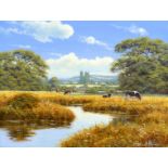 David Morgan (British, 20th century): landscape with cattle by a river, signed, oil on canvas, 29 by