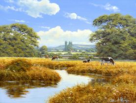 David Morgan (British, 20th century): landscape with cattle by a river, signed, oil on canvas, 29 by