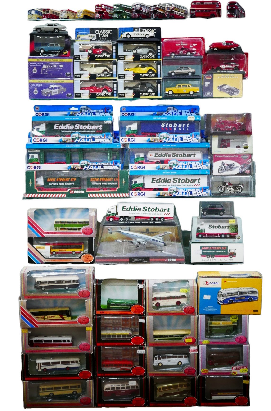 A collection of over fifty model buses, lorries, cars, and a plane from Exclusive First Editions (