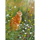 Leslie W. Stones (British, 20th century): study of a cat sitting in a meadow watching a butterfly,