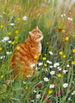 Leslie W. Stones (British, 20th century): study of a cat sitting in a meadow watching a butterfly,