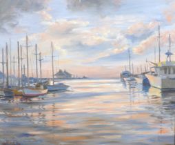 Vin Mifsud: Gibraltar Harbour, a view at sunset, dated '84, oil on canvas, 50 by 60cm, framed, 76 by