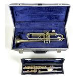 A Virtuosi gold plated and stainless steel flute, cased, together with an Amati Kraslice trumpet,