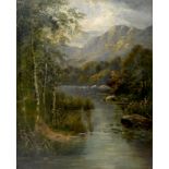 An oil on canvas of a river in a mountainous landscape flanked by silver birches, 44 by 34.8 cm,