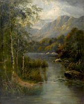 An oil on canvas of a river in a mountainous landscape flanked by silver birches, 44 by 34.8 cm,