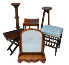 A group of six small pieces of furniture, comprising a piano stool with spindled support and green