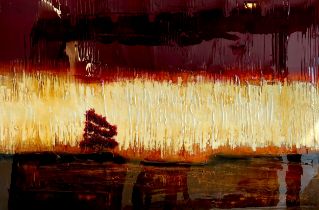 Frank Milo (Canadian): an abstract landscape, with single tree, in dark red, cream and brown, signed