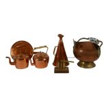 A group of copper items, including a handheld megaphone, two kettles, coal scuttle, warming pan, and