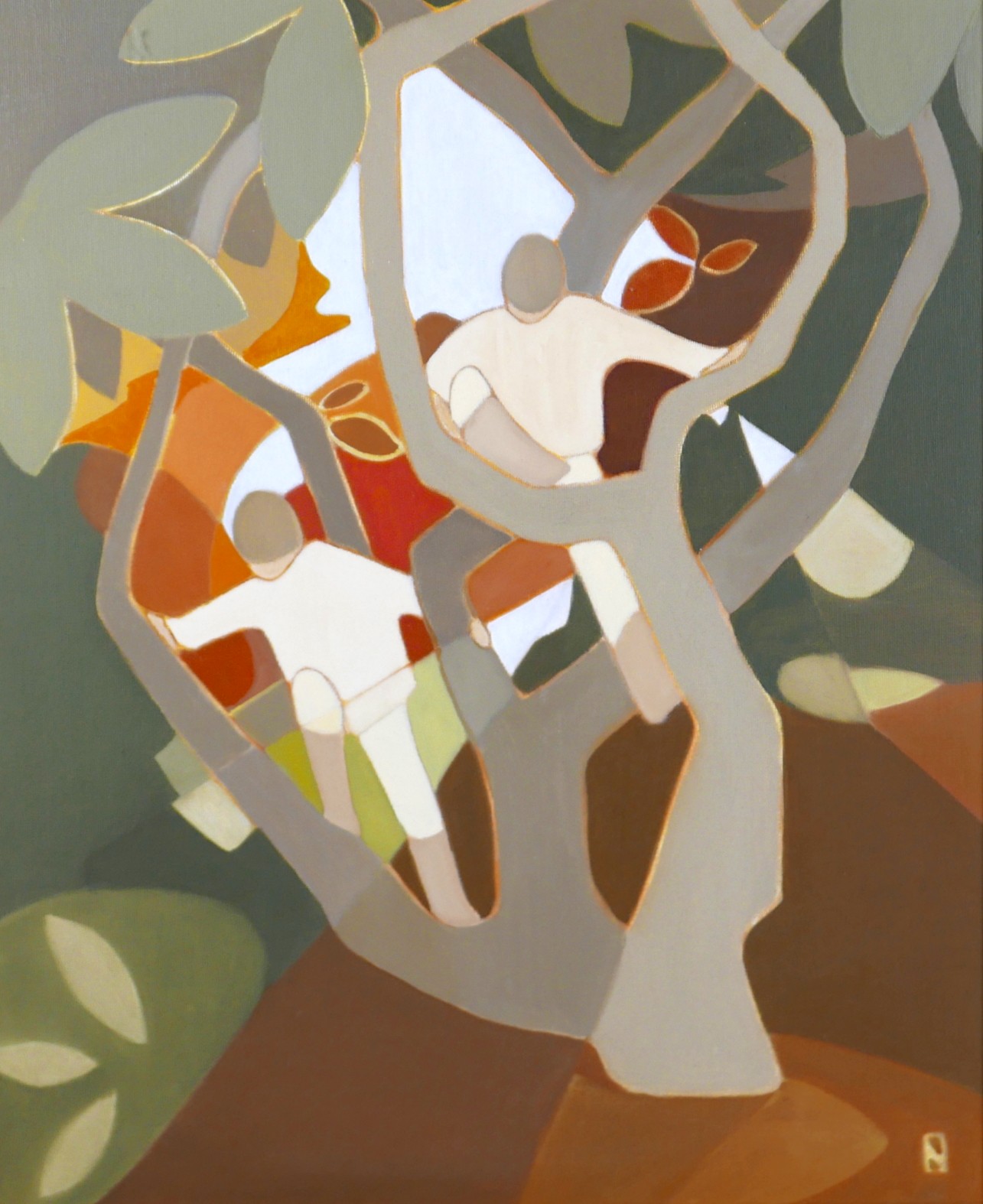 Barbara Neville Shaw (British, 20th century): 'The Climbing-Tree', an abstract depicting two figures