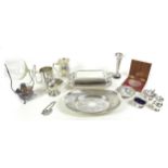 A group of silver plated wares, including a brandy warmer, tureen and cover, condiment set, tankard,