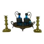 A Continental blue glass and cast metal liqueur set, tray, two decanters, and six cups, 21cm high