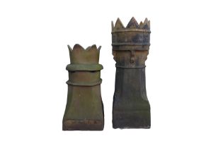 Two terracotta chimney pots, with crown tops. Tallest chimney measures 27.5 by 31 by 89.5cm, smaller