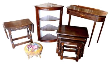 A group of furniture, comprising a reproduction Regency style mahogany side table, a nest of three