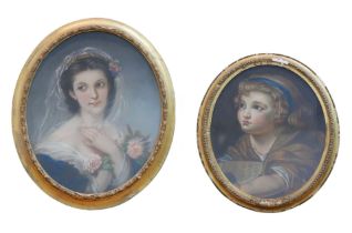 Two 19th century oval form pastel portraits, comprising a portrait of a lady pastel on board,