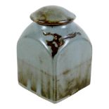 A Bernard Leach studio pottery tea caddy and cover, decorated in slate blue, grey, and brown