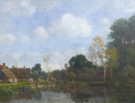 British School (19th century): Canal scene oil on canvas, titled but unsigned, 73 by 99cm, framed,