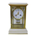A 19th century marble and glass panelled, mantel clock, with brass frame, Roman numeral dial, twin