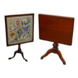 Two small mahogany tilt top occasional tables, one with plain square top, 62 by 50.5 by 58.5cm high,