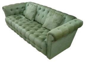 A vintage three seater Chesterfield sofa, with green velour buttoned upholstery, 186 by 89 by 67cm