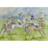 Mark Huskinson (British, 20th century): 'Getting into line' horse racing watercolour, signed,