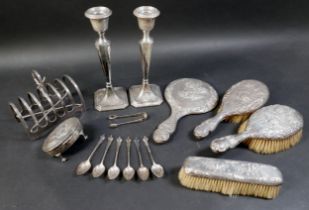 A pair of silver candlesticks, JDWD, Chester 1915, together with a Victorian silver-backed