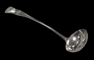 A George III large sauce ladle, hour glass pattern with armorial mark to terminal, possibly