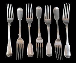 Seven silver forks, approximately 10.3 toz various dates, makers all with engraved initials. (1 bag)