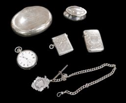 A collection of Victorian and later silver, including a George V squeeze opening snuff box inscribed