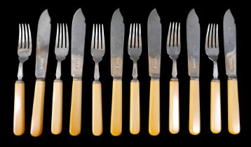 A set of six silver and Ivorine handled fish knives and forks total approximately 14.7 troy oz,