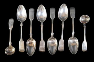 A set of six silver tea spoons and a pair of silver mustard spoons approximately 4.2toz, all