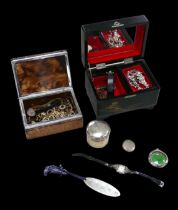 A collection of silver and costume jewellery, comprising a small silver lidded pot, enamel and