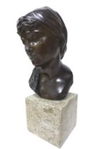 Giuseppe Renda (Italian, 1859-1939): 'Pensive Girl', a bronze sculpture, signed 'Renda' in the