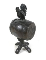 A Japanese metal censer in the form of a Rooster standing on a traditional Japanese drum, 17cm tall